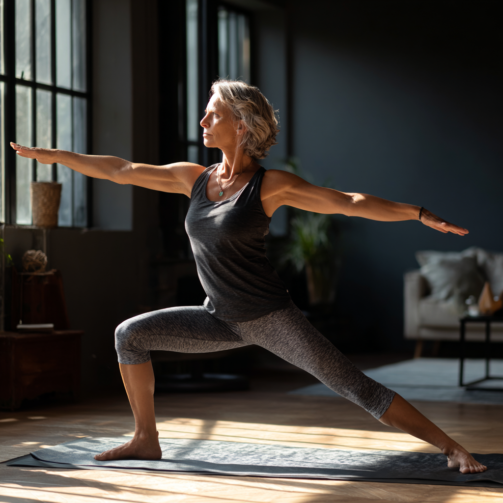 Жінка 55 років виконує асану йоги на килимку в затишній студії з природним освітленням