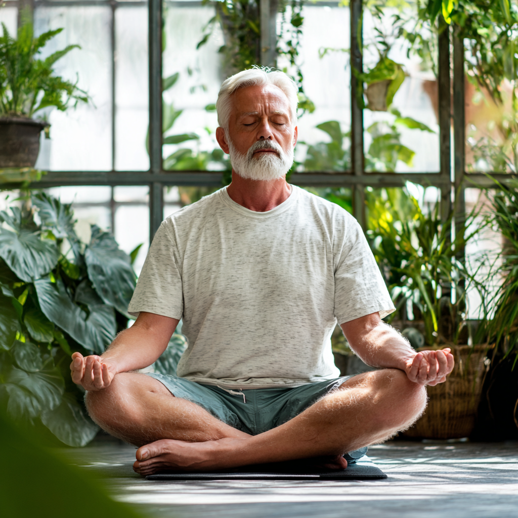 Чоловік 58 років медитує в позі лотоса в світлій йога-студії з рослинами