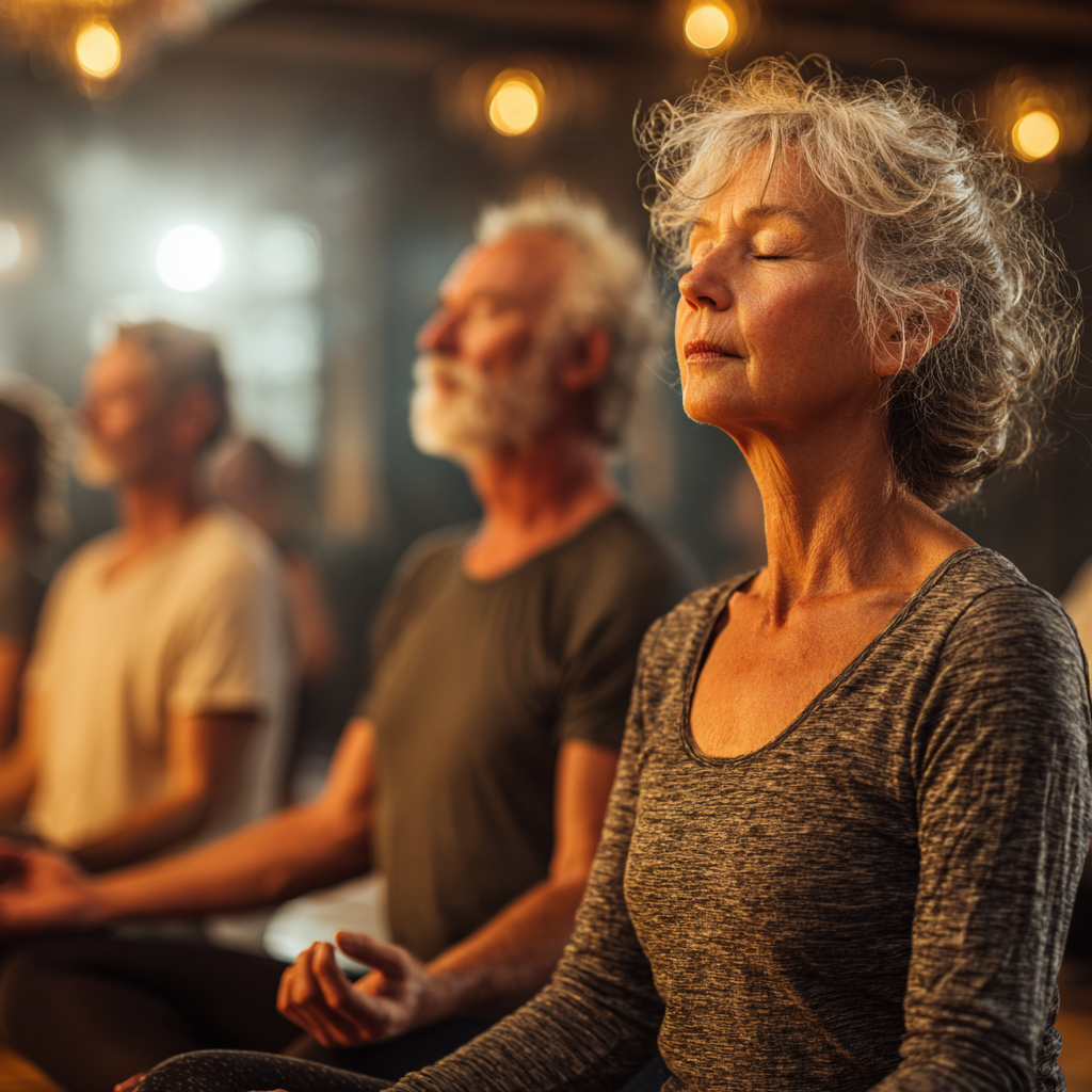 Група людей 50-60 років медитує разом у затишній студії йоги з м'яким світлом